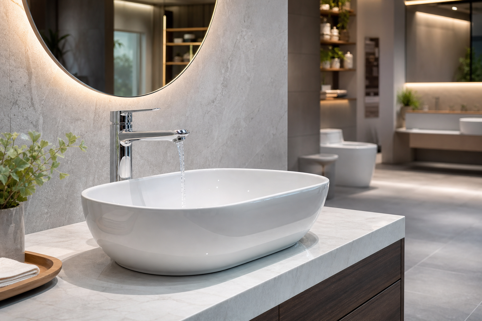 Realistic premium basin and faucet display in a showroom